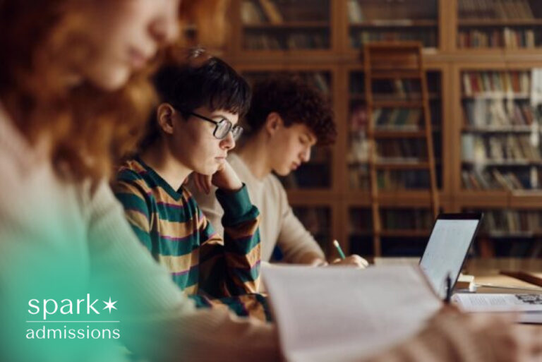 Students studying together in a library with books, laptop, and notes