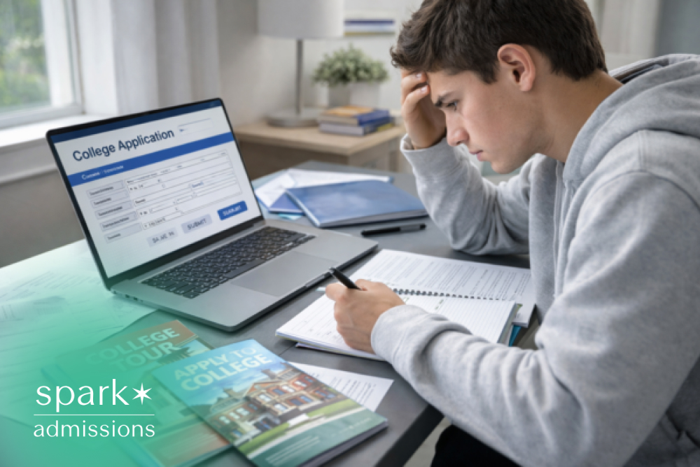 Student filling out an online college application while reviewing notes and guidebooks