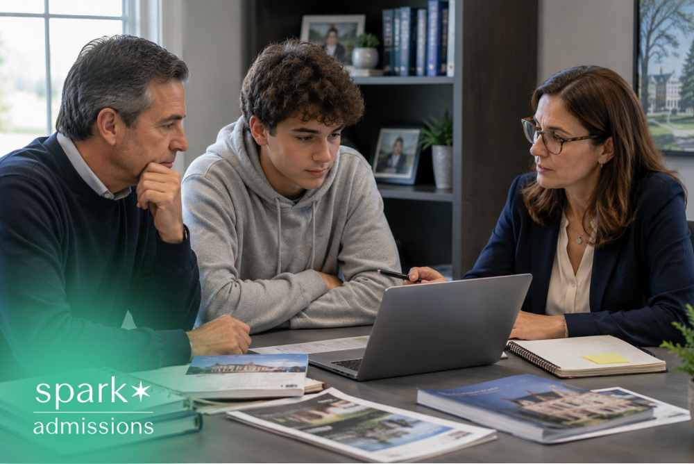 College admissions consultant meeting with a parent and student to discuss application strategy