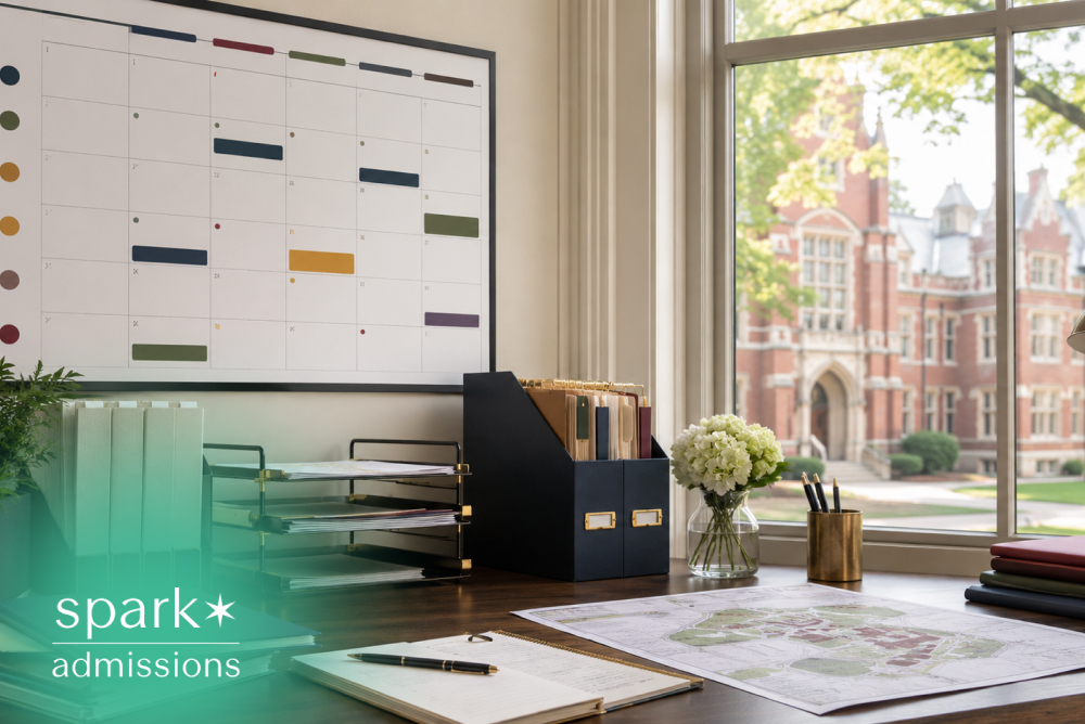 College planning office desk with application folders, calendar, campus map, and notebook