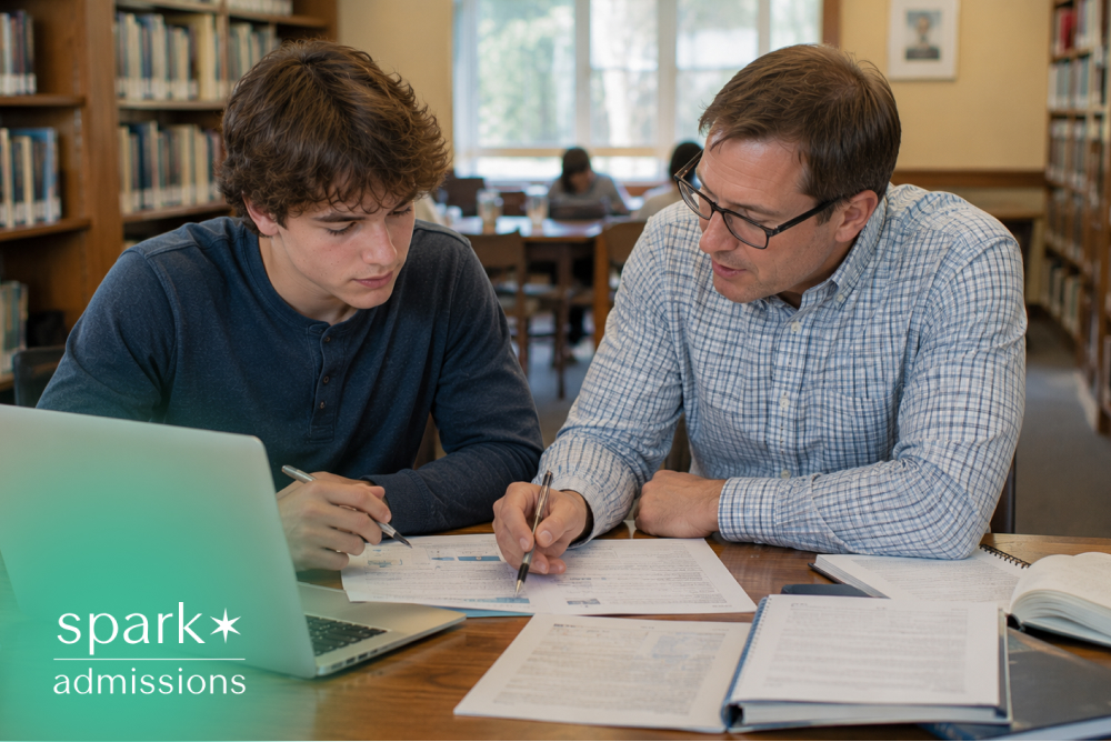 Parent helping a teenage student review academic documents and study materials at a library table with a laptop and open books.