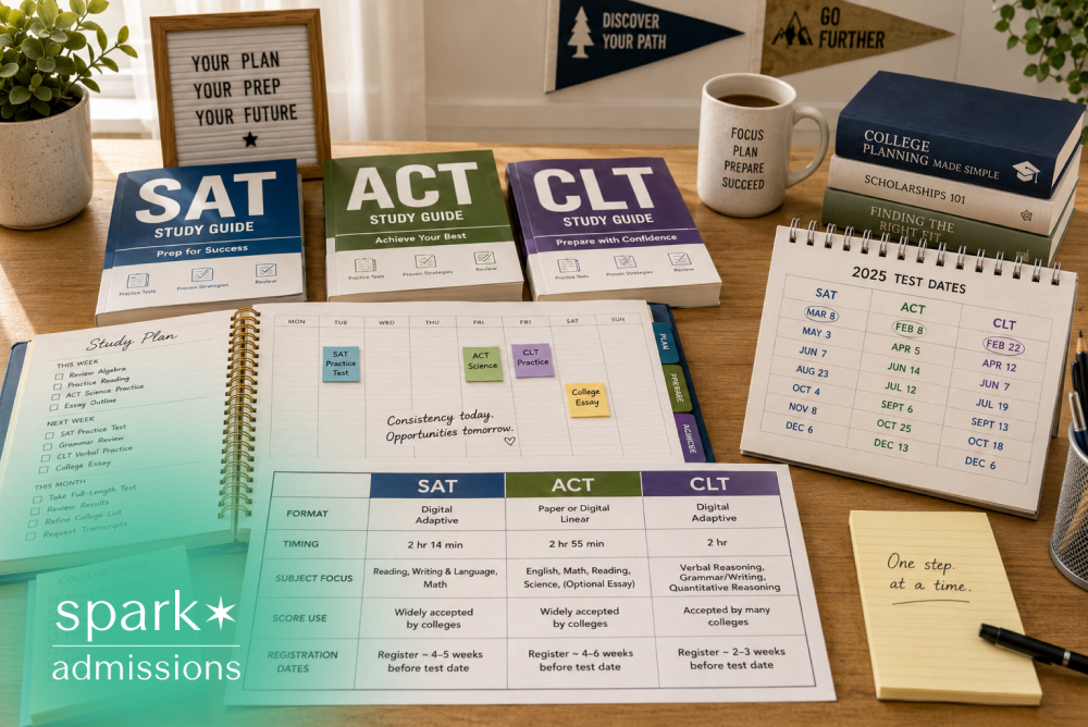 SAT ACT and CLT study guides with test dates, study plan, and college prep notes
