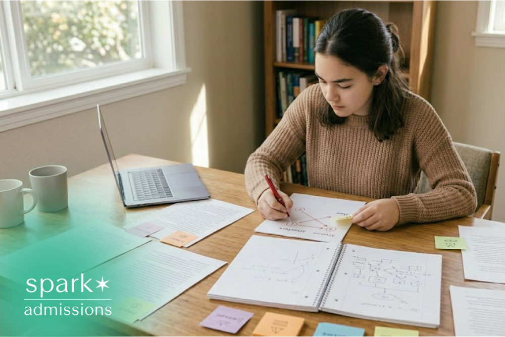 Student making study notes at home with laptop nearby