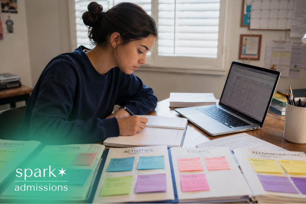 Student organizing college application materials and studying at desk
